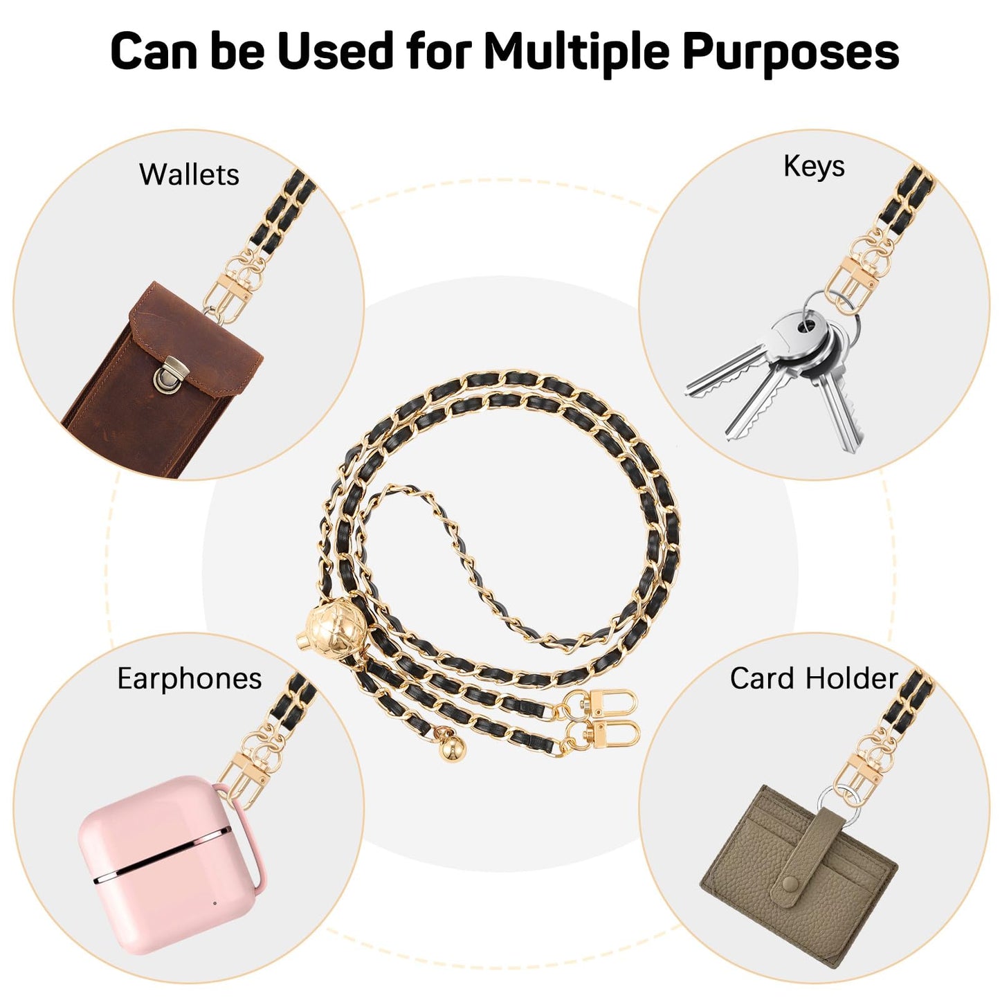MoKo Phone Lanyard Crossbody, Universal Phone Chain for iPhone, Samsung, Most Smartphones, Neck Strap × 1, Beaded Wrist Strap x 1, Patches × 2, Black