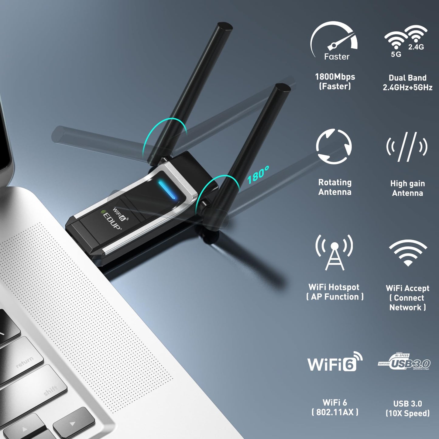EDUP USB 3.0 WiFi 6 Adapter AX1800Mbps Wireless Network Adapter for PC, Plug and Play, IEEE 802.11ax 5GHz/ 2.4GHz USB Wi-Fi Dongle, Compatible