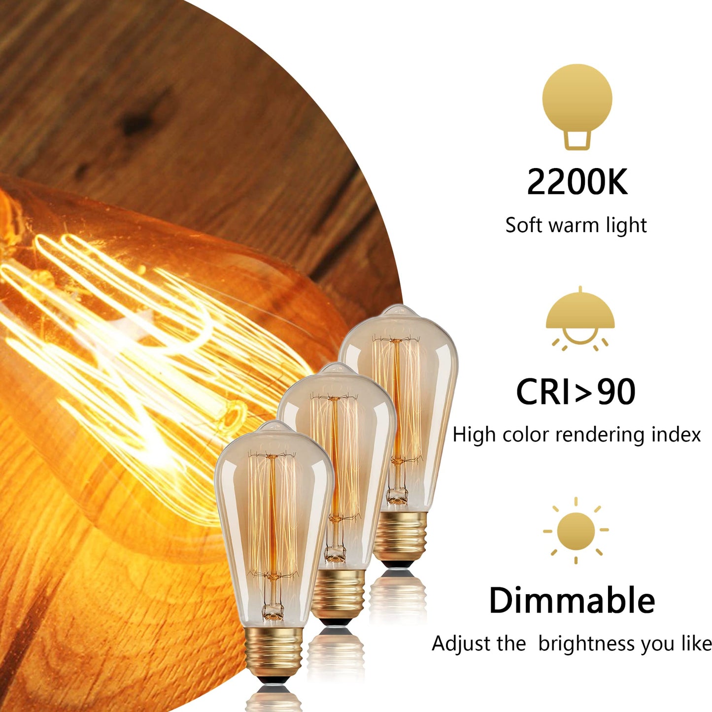 ST64 Incandescent Edison Bulb 60W E26 2200K Dimmable Amber Glass 6-Pack