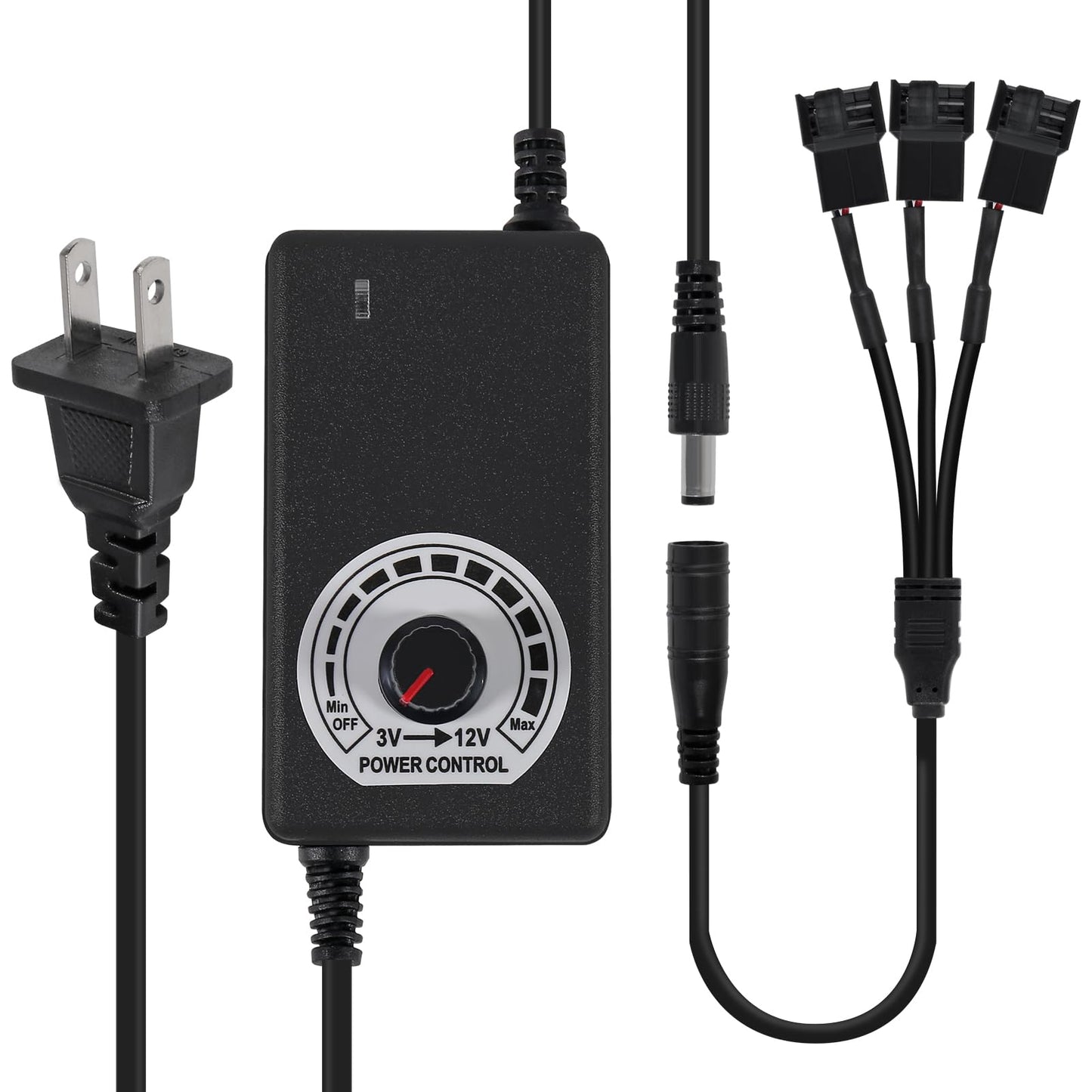 UMLUFE 12V Fan Power Supply,PC Fan Speed Controller,100-240vAC to 3-12vDC 24W Adjustable Fan Power Adapter,with Fan Splitter Cable,DC Female to 2 x