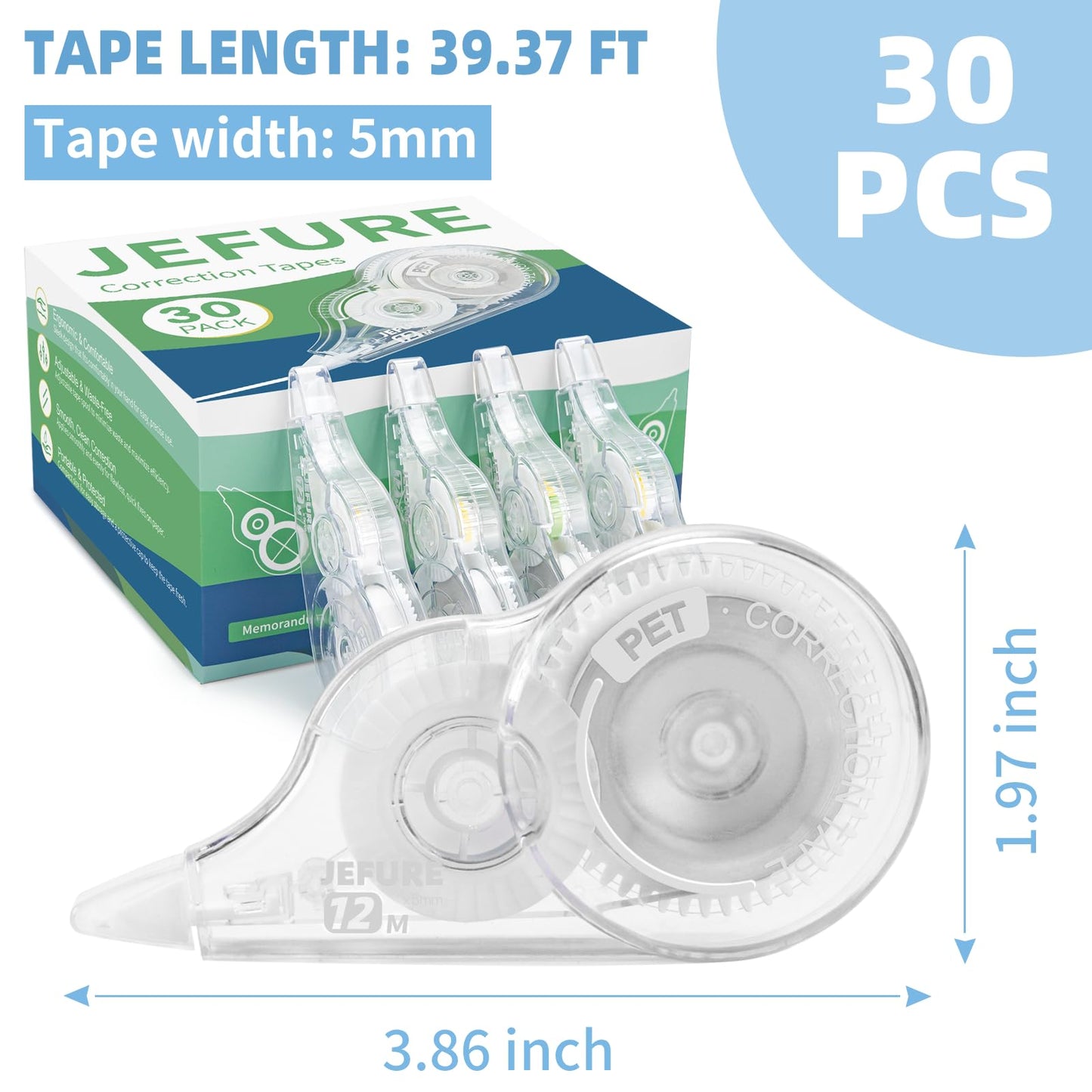 JEFURE 30 Pcs Correction Tape, 39.4 ft White Wrong Out, 0.2 in Width