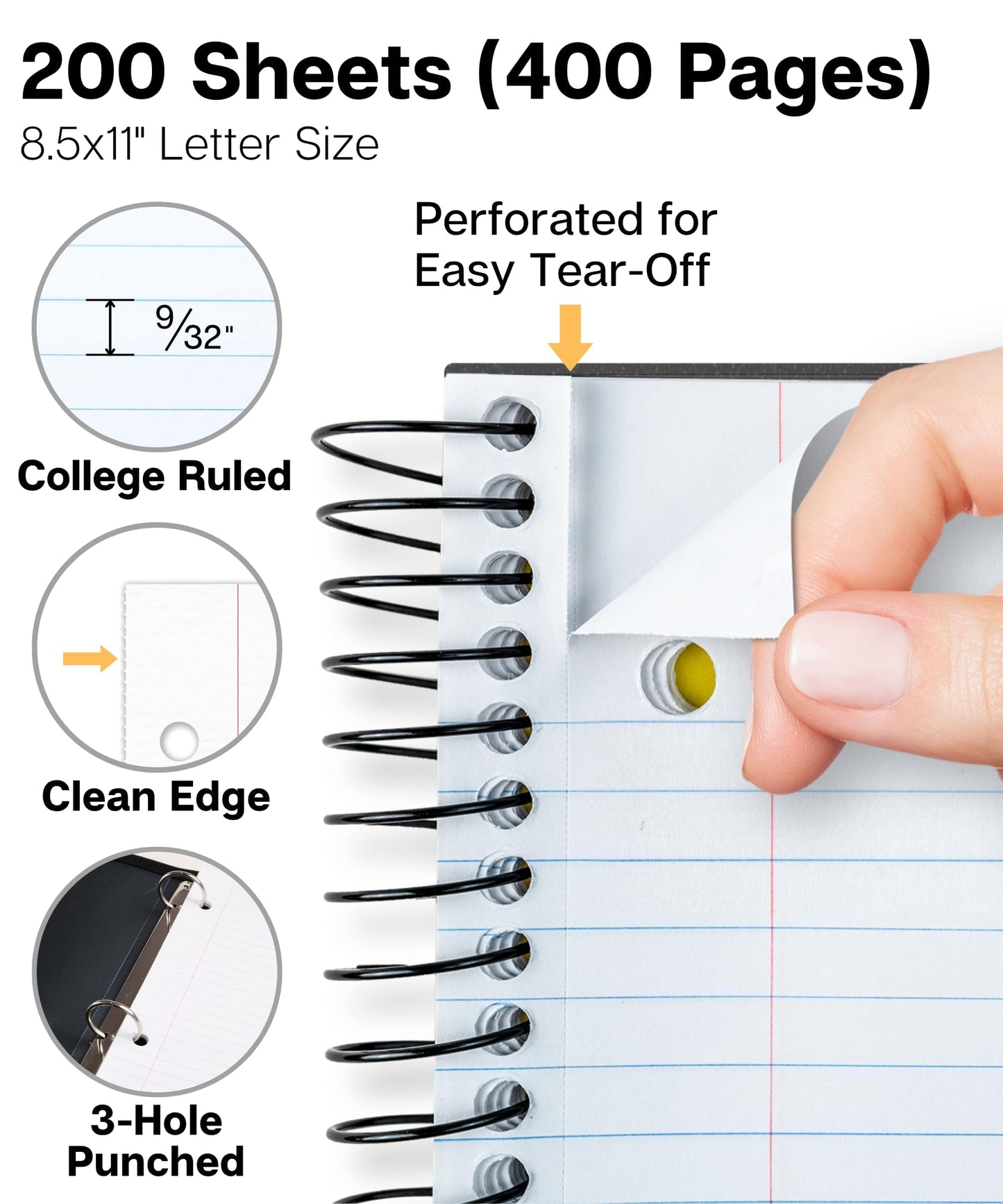 Dunwell 5-Subject Spiral Notebooks, College Ruled (3 Pack), Colorful Movable Pocket Dividers with Tabs, Front/Back Plastic Covers, 200 Sheets (400
