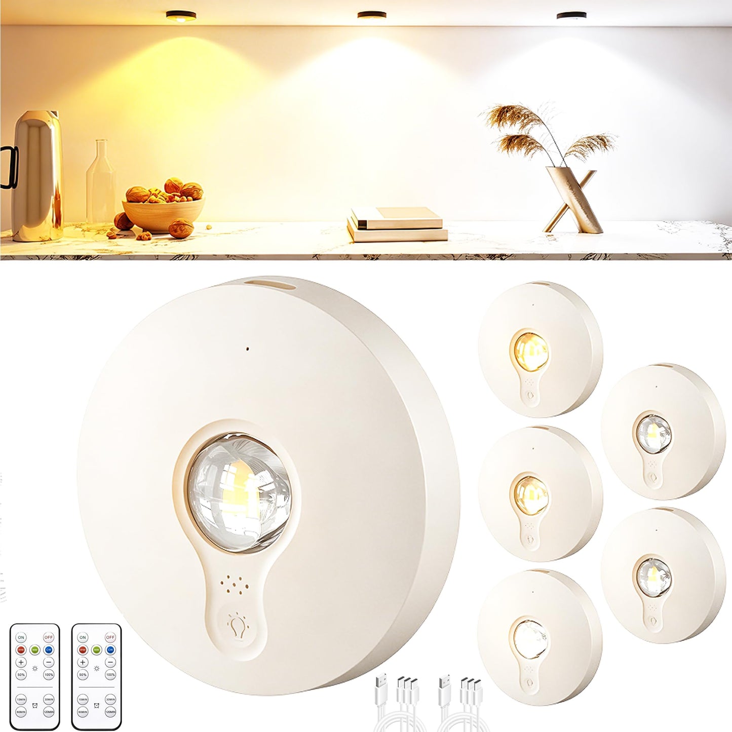 UNUSROOM Rechargeable Puck Lights with Remote Control,2000mAh High Capacity Battery Operated LED Under Cabinet Lighting,Dimmable Tap Stick On