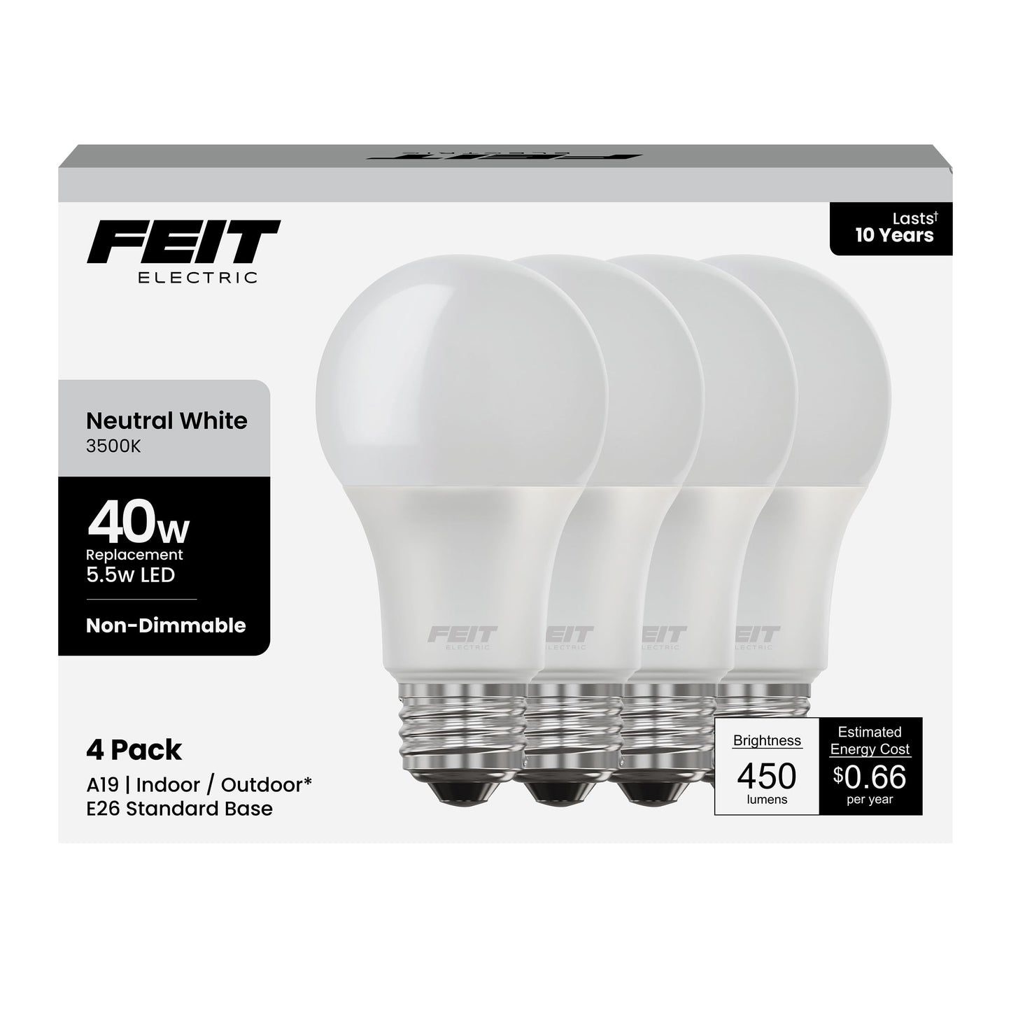 Feit Electric A19 LED Light Bulb, 40-Watt Equivalent, 3500K Neutral White, E26 Base, 450 Lumens, 11,000-Hour Lifespan, General-purpose Residential or