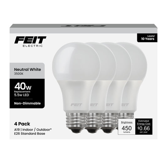 Feit Electric A19 LED Light Bulb, 40-Watt Equivalent, 3500K Neutral White, E26 Base, 450 Lumens, 11,000-Hour Lifespan, General-purpose Residential or
