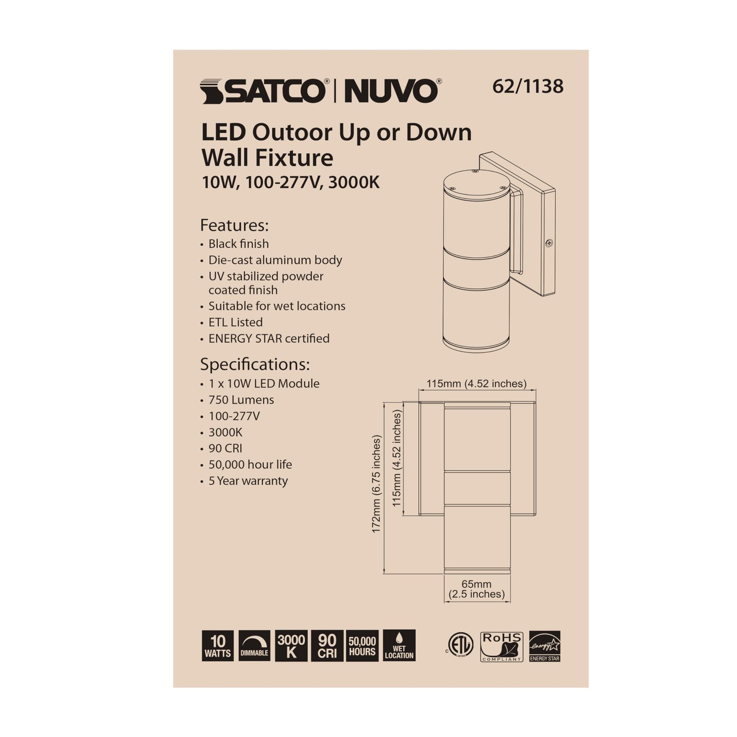 Nuvo 62/1138 LED Module LED Small Up or Down Sconce Fixture Black Finish, 1 Light 10W 120/277V