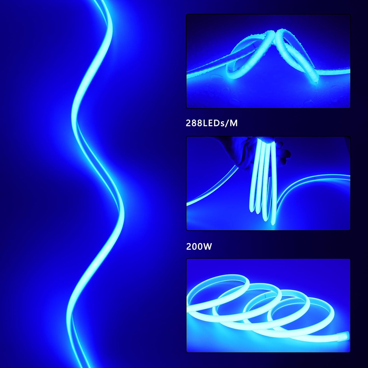 BENLUN AC 110V COB LED Strip Lights Outdoor Waterproof 65.6ft, Blue Super Bright 200W LED Rope Light, IP65 Flexible Cuttable, for Bedroom Garden