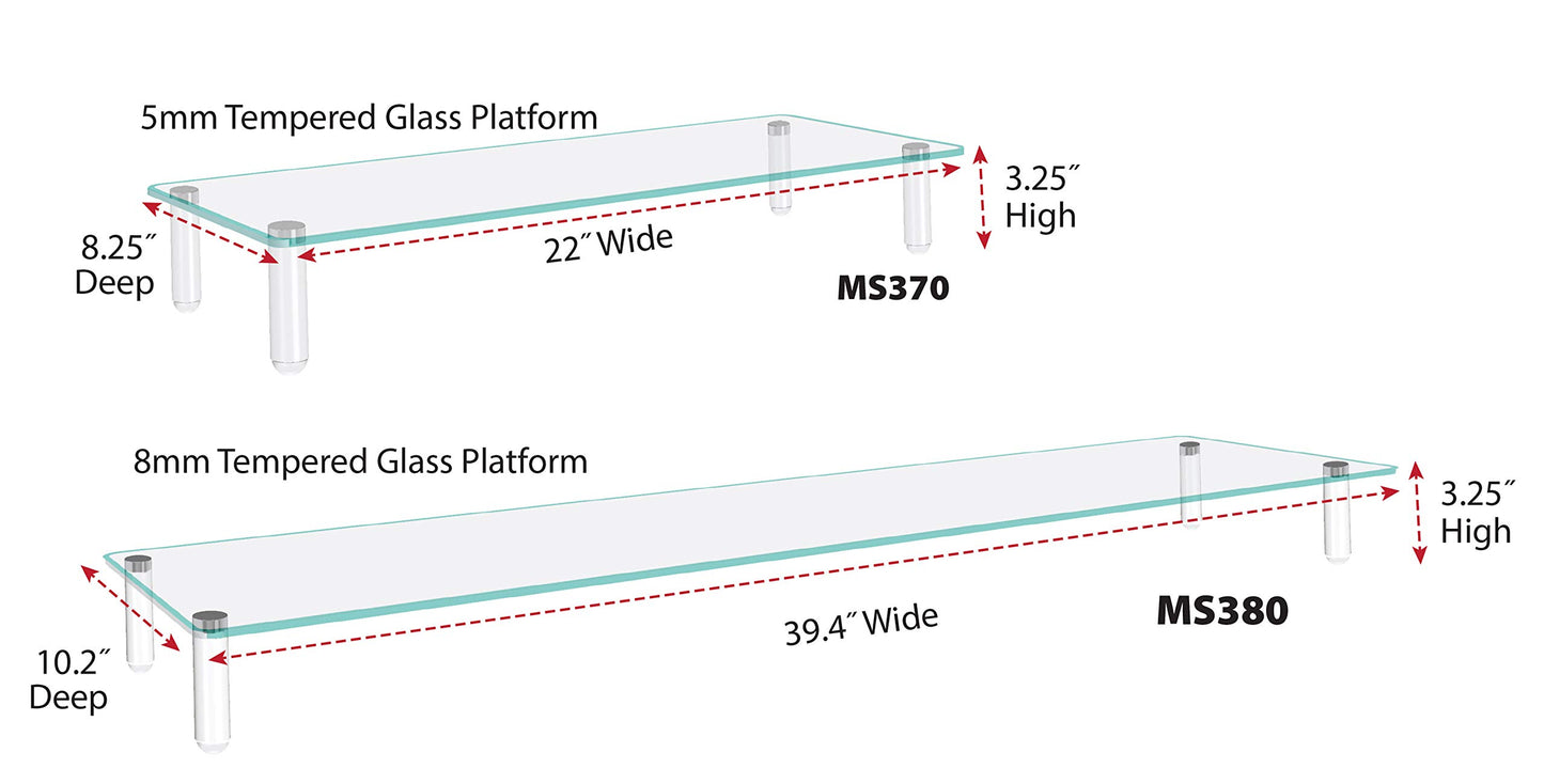 Kantek Extra-Wide Glass Monitor Riser with 8mm Tempered Glass Platform and 60-Pound Capacity, Clear Glass (MS380), 3.3" x 39.4" x 10.2"