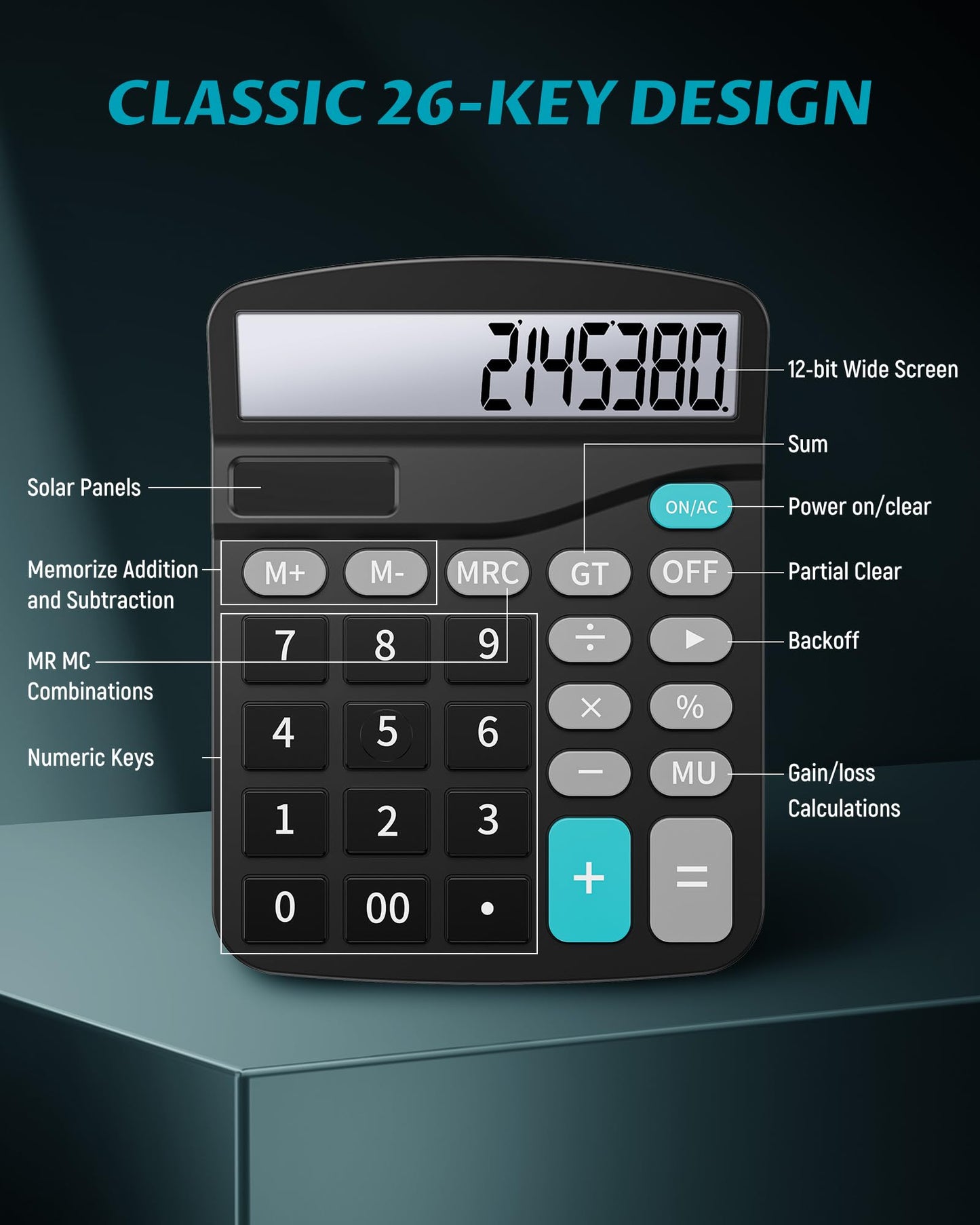 Lichamp Desk Calculators with Big Buttons and Large Display, Office Desktop Calculator Basic 12 Digit with Solar Power and AA Battery (Included), 10