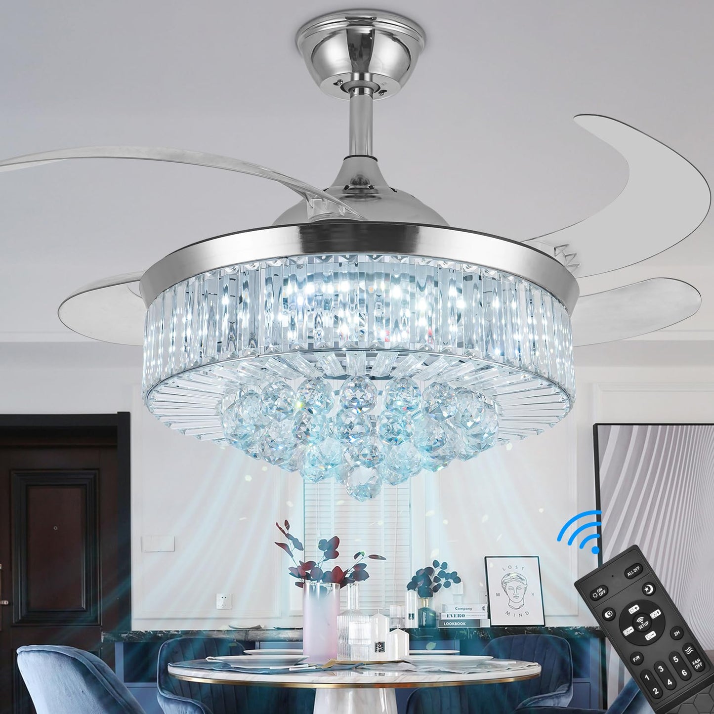 DatingDay 36" Invisible Ceiling Fan Chandelier Light,Modern Crystal Ceiling Fan Light Remote Control 4 Retractable ABS Blades for Bedroom Living Room