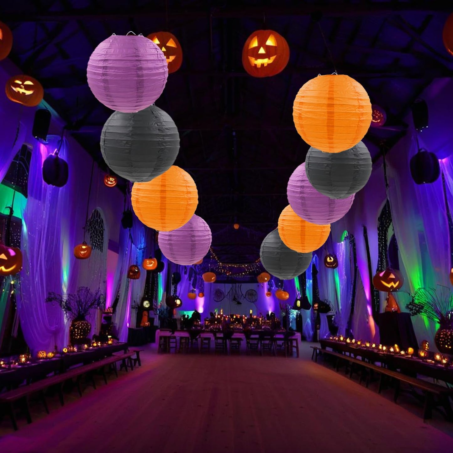 FUGUIR Halloween Paper Lanterns Purple Orange Black Hanging Paper Lanterns for Birthday Halloween Decorations (9 PCS)