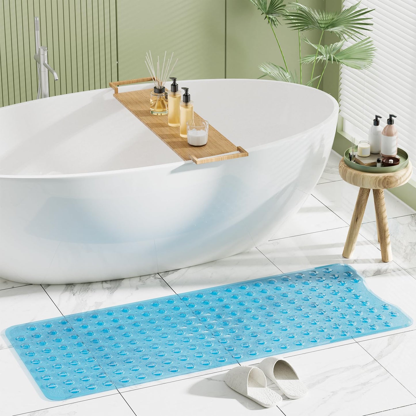 AmazerBath Non-Slip Shower Mat 40x16 – Bath Tub Mat with Suction Cups & Drain Holes for Kids & Elderly, Clear Blue