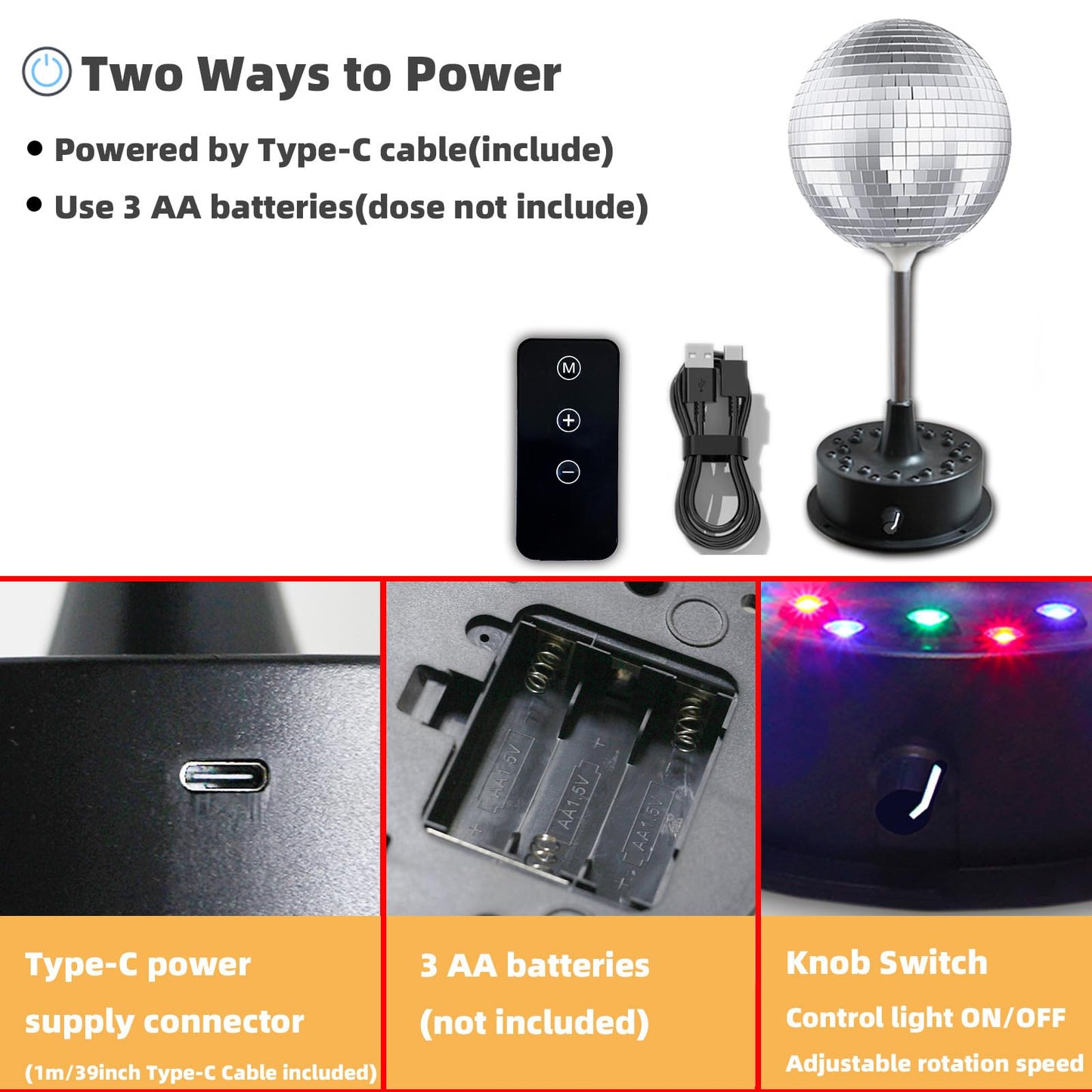 Remote Control 6 Inch Rotating Mirrors Disco Ball Light with 5RPM-9RPM Adjustable Rotary Motor 24 RGB LED Mood Lights Great for Home Party Dance