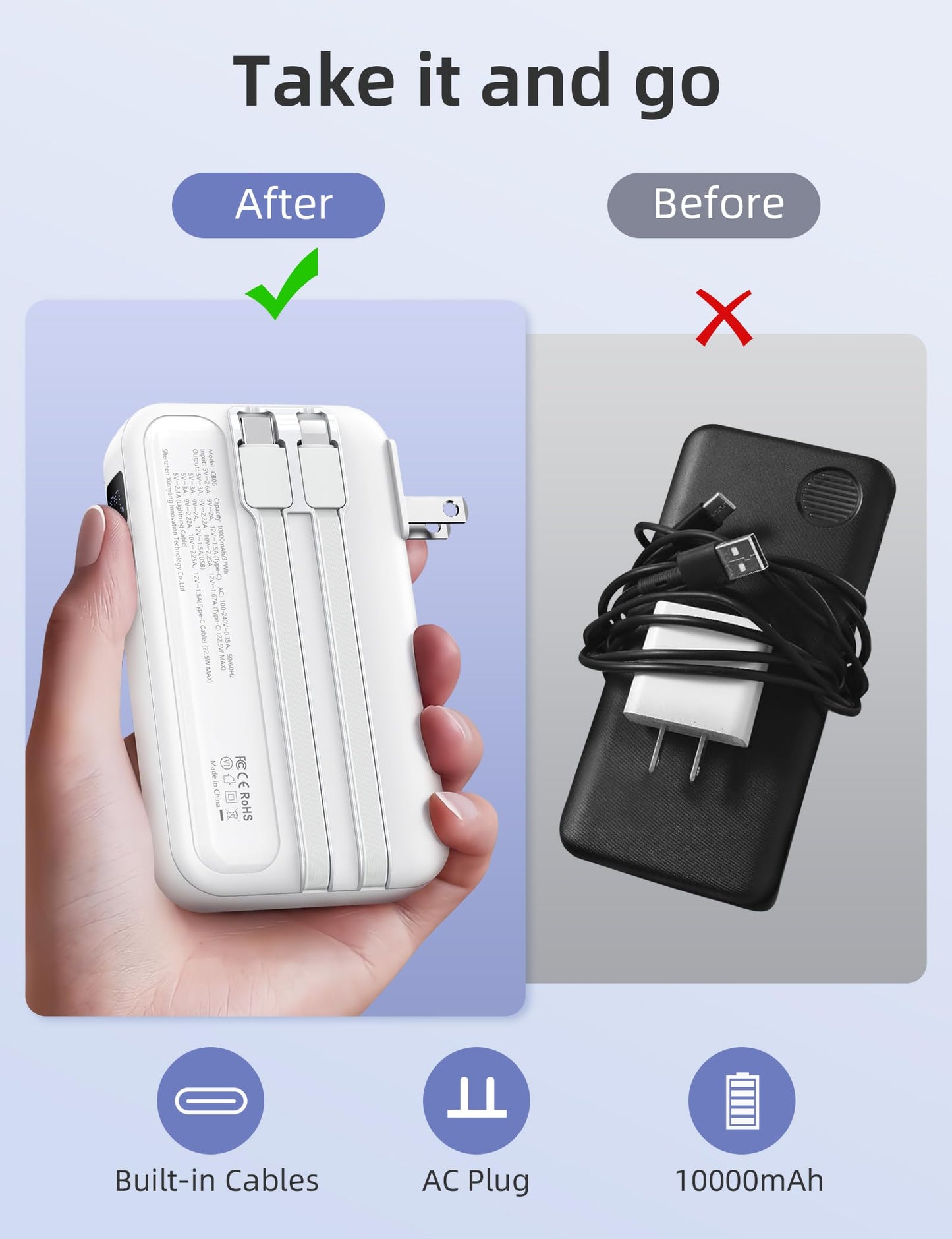 RORRY Portable Charger Built in Cables, AC Wall Plug In Portable Charger Power Bank 10000mAh Travel Battery Pack 22.5W Fast Charging for iPhone