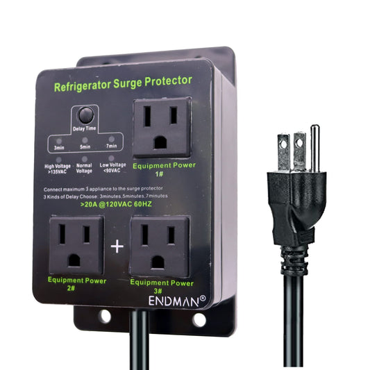 ENDMAN Refrigerator Surge Protector Three Outlet Voltage Protector for Home Appliances with Time Delay, Protects Against Brownout, Spike, Instant
