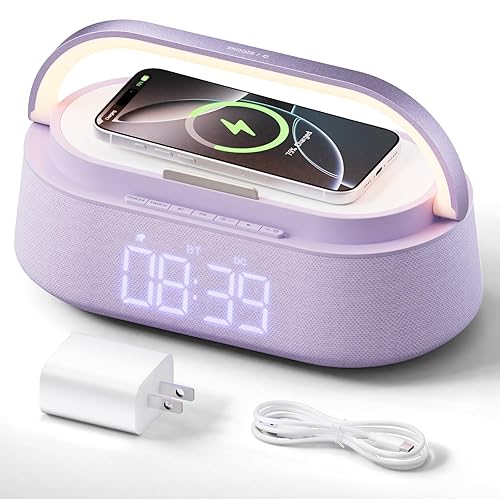 FREEFISH Bluetooth Speaker with Wireless Charger, FM Radio, Dimmer Night Light, Phone Holder, Wireless Charging Speakers for iPhone Samsung, Bedrooms