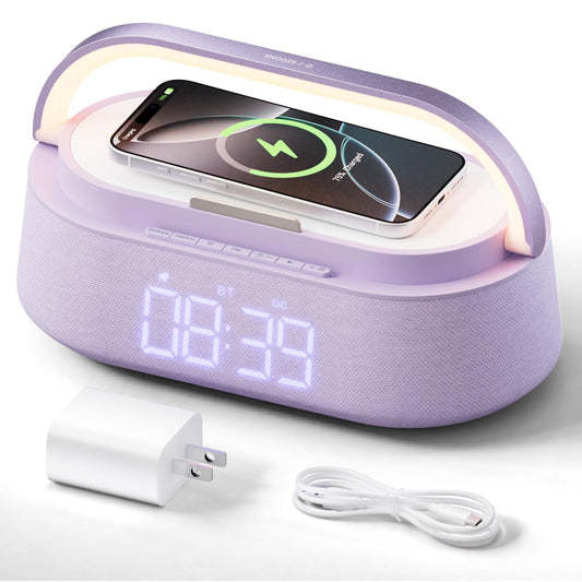 FREEFISH Bluetooth Speaker with Wireless Charger, FM Radio, Dimmer Night Light, Phone Holder, Wireless Charging Speakers for iPhone Samsung, Bedrooms