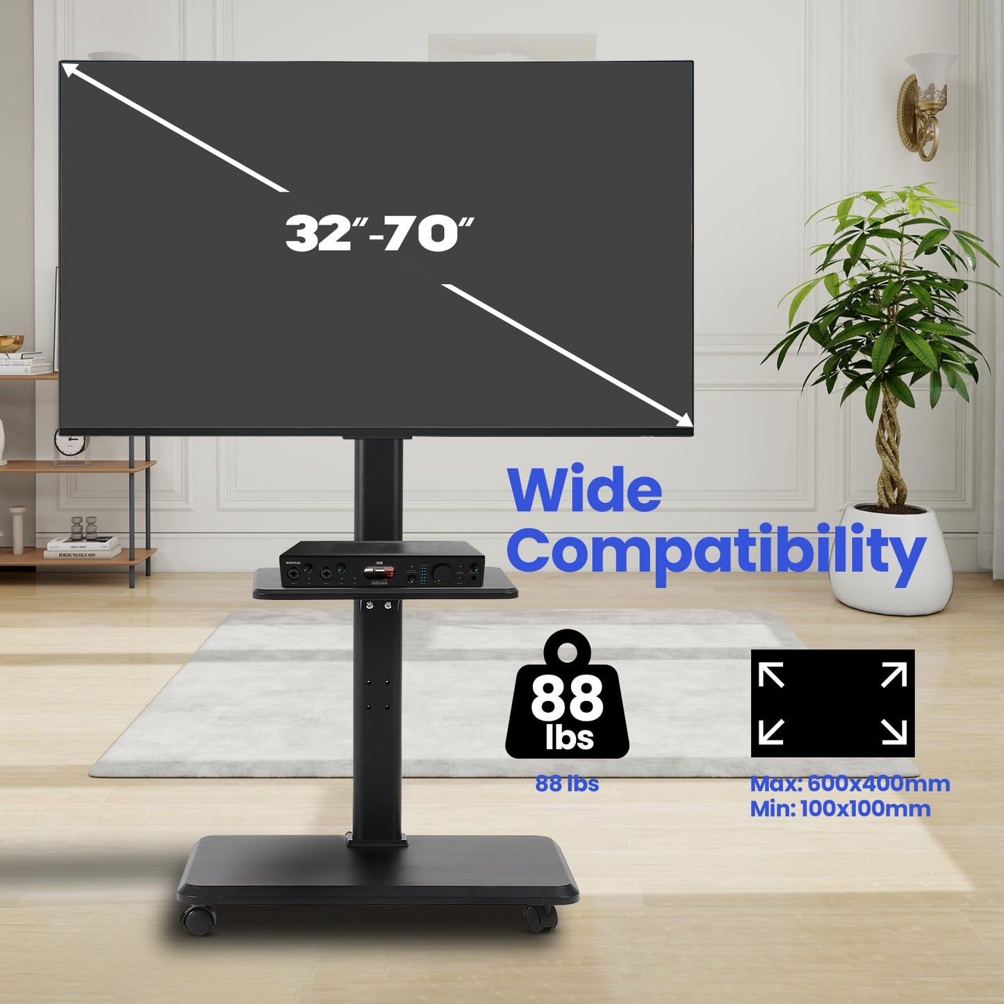 Mobile TV Stand - Rolling TV Cart with Power Outlet?Mobile TV Cart for 32-70 inch TVs up to 88 lbs, Height Adjustable Portable TV Stand on Wheels