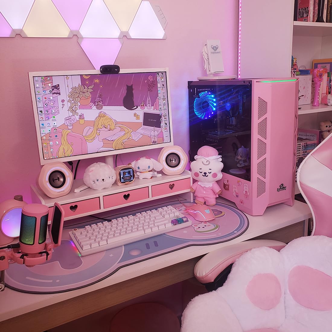 CONKAWACA Cute Monitor Stand Kawaii Desk Organizer Cute Desk Organizer with Drawers Monitor Riser Computer Stand