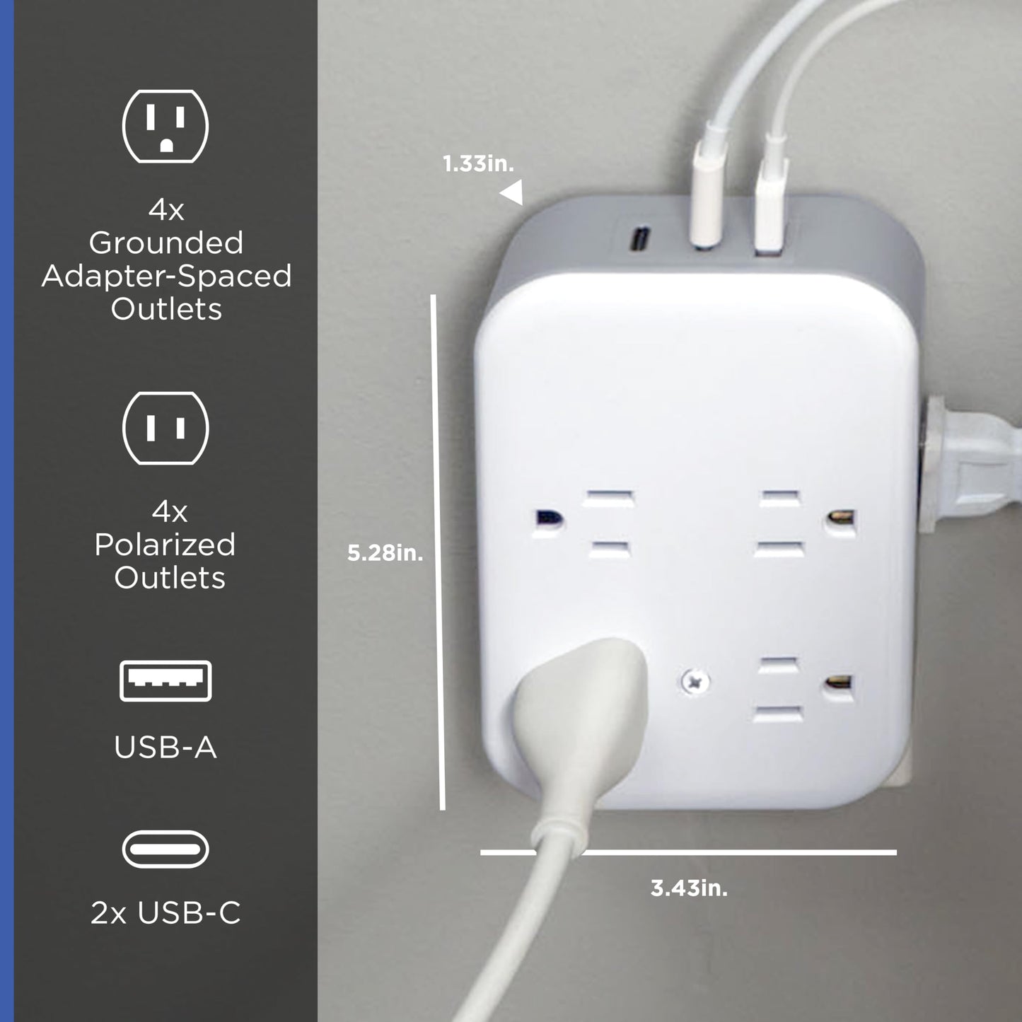 GE All-in-One Surge Protector Wall Tap, 8 Outlets (4 Grounded + 4 Polarized), 2 USB-C & 1 USB-A, 15W Shared, 1140J, Circuit Breaker, ETL Certified