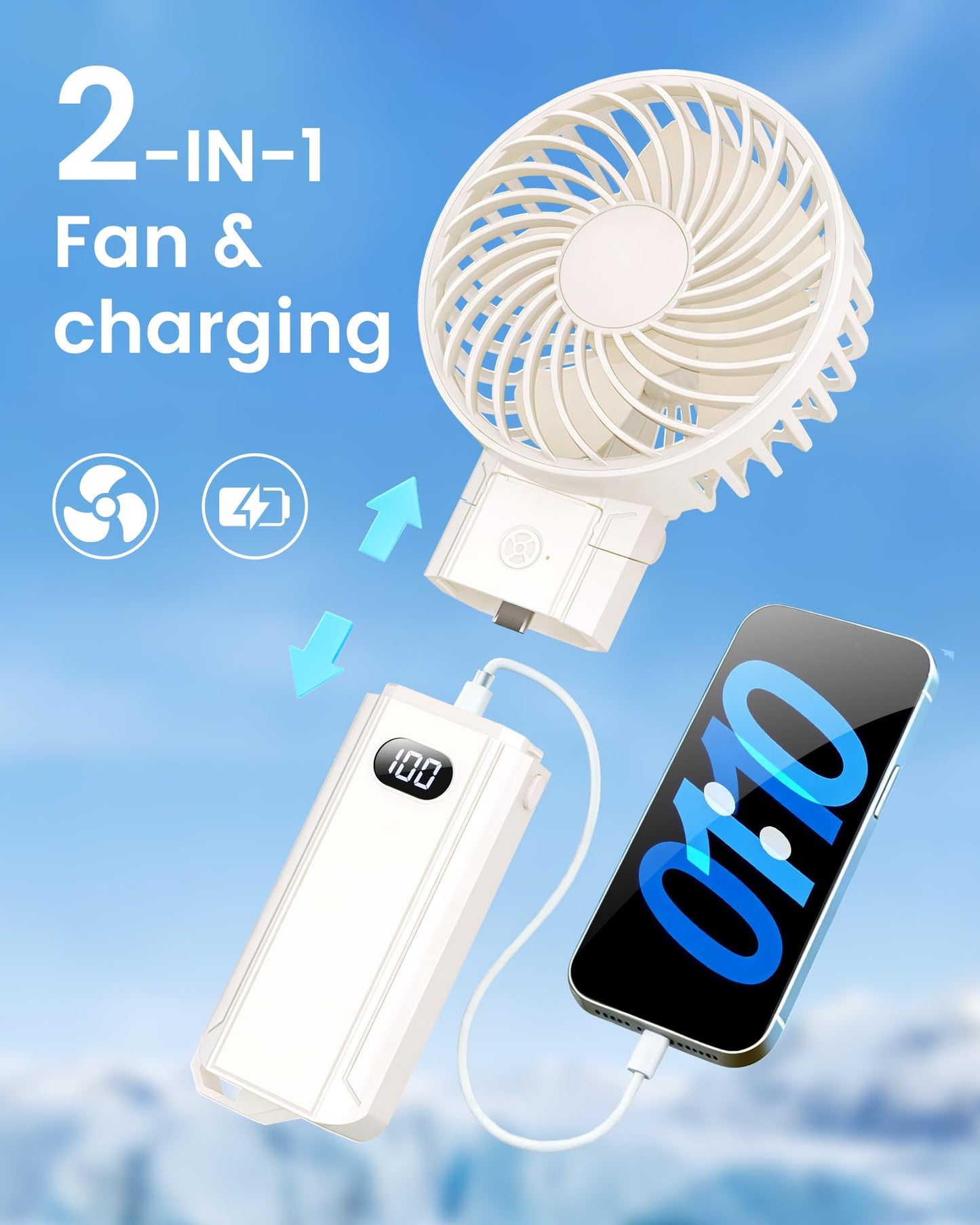 Novauxlume Folding Hand Fans, 4000mAh Handheld Fan Rechargeable, Portable Fan Handheld 15H Runtime, 3 Speed Ultra Quiet, 180° Foldable 3-in-1