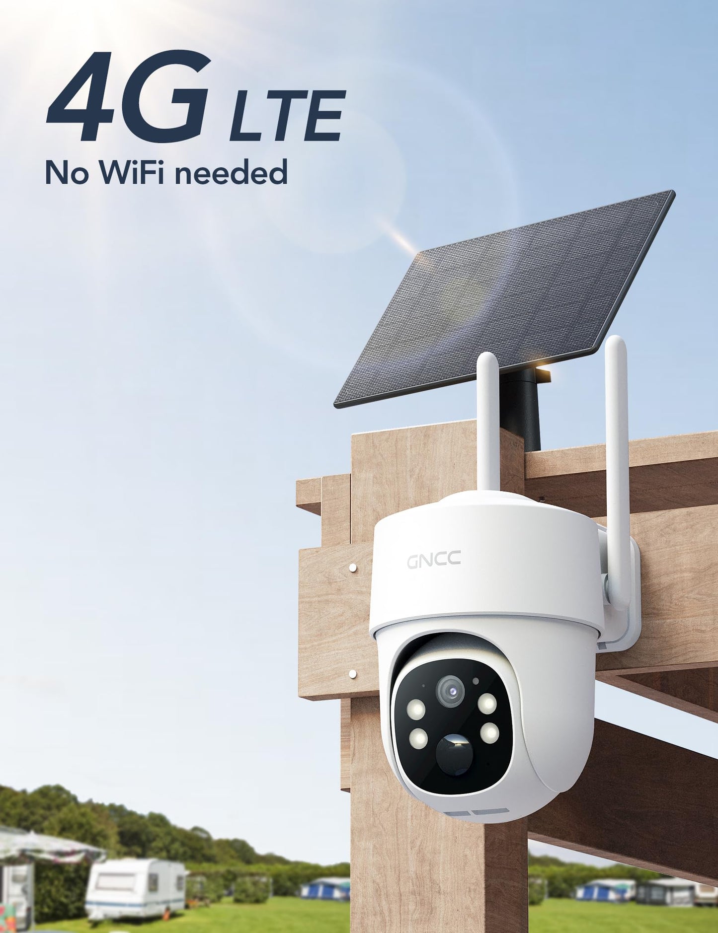 GNCC 4G LTE Cellular Security Camera, 2K Solar Outdoor Camera Wireless, No WiFi Security Camera, Color Night Vision, Spotlight, 2-Way Audio, PIR
