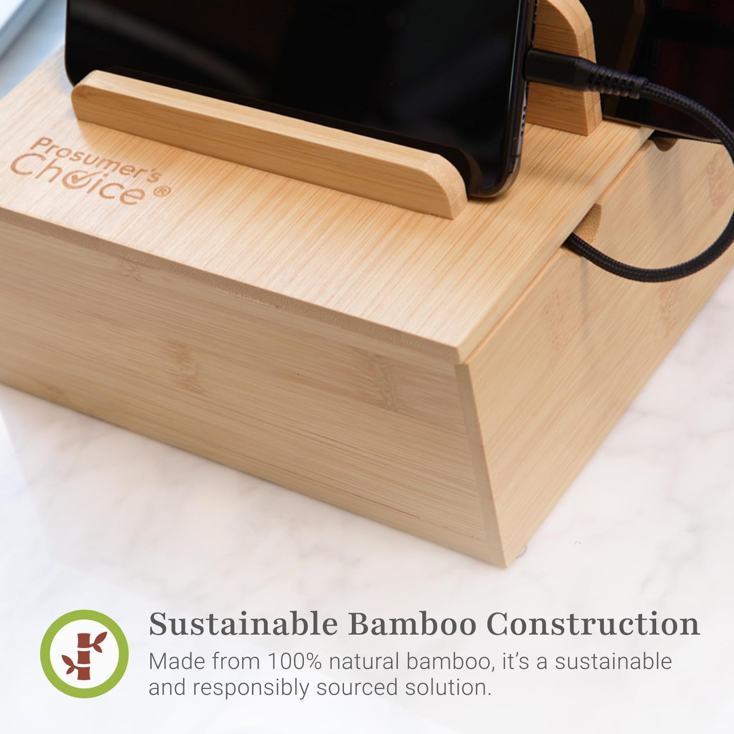 Prosumer's Choice Wooden Charging Station Organizer - 5-Port Base for Phones, Tablets and Laptops - Multi-Device Docking Station with Removable