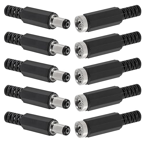 5Pcs Replacement Male Plug Power Supply Ends DC 5.5x2.1mm with 5Pcs 5.5x2.1mm DC Female Jack Solder Type DIY DC Barrel Connector Power Supply Socket