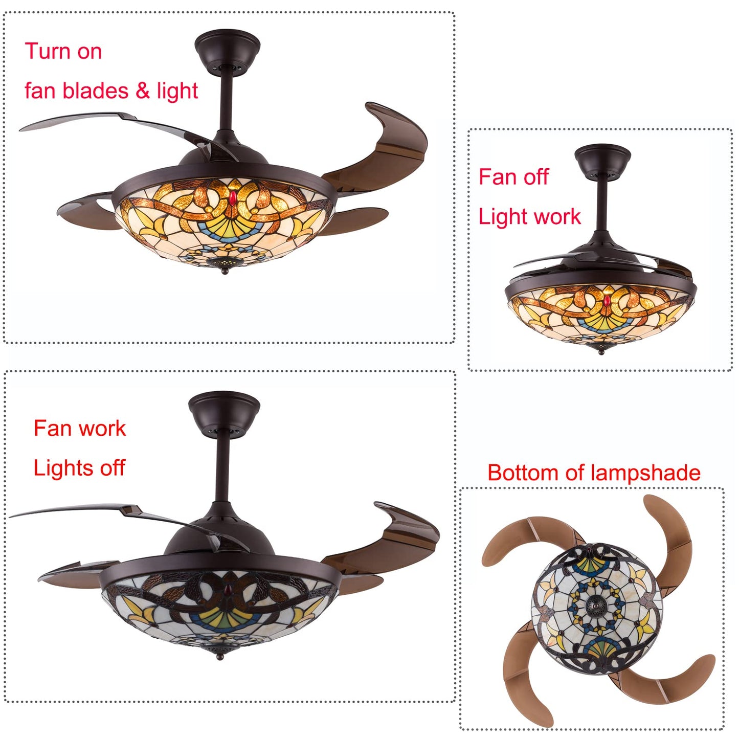TFCFL 42" Ceiling Fan with Lights, Tiffany Style Dimmable Invisible Fan Chandelier Fandelier 3 Speeds 3 Light Changes with Retractable Blades