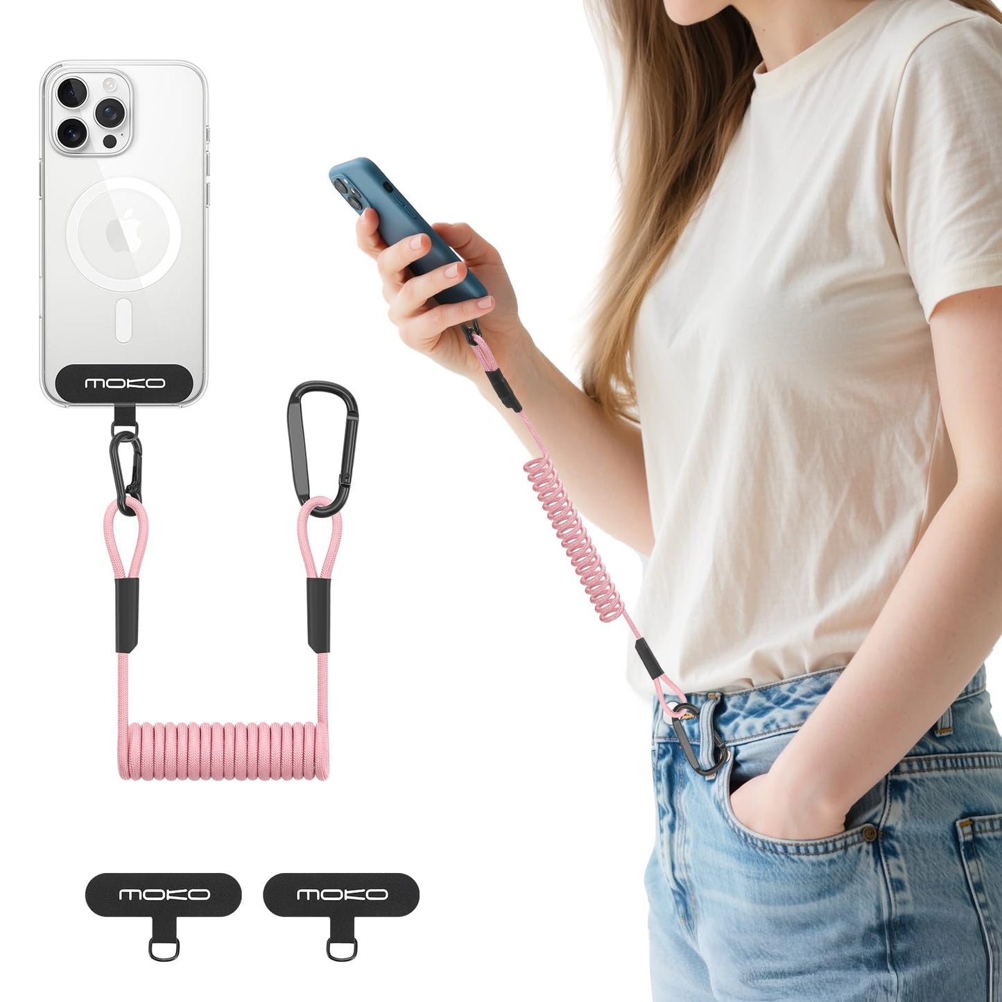 MoKo Anti-Theft Phone Tether Leash Harness, Retractable Phone Lanyard Strap with Carabiner Clip for Outdoor Hiking Skiing Fishing Kayaking, Fits