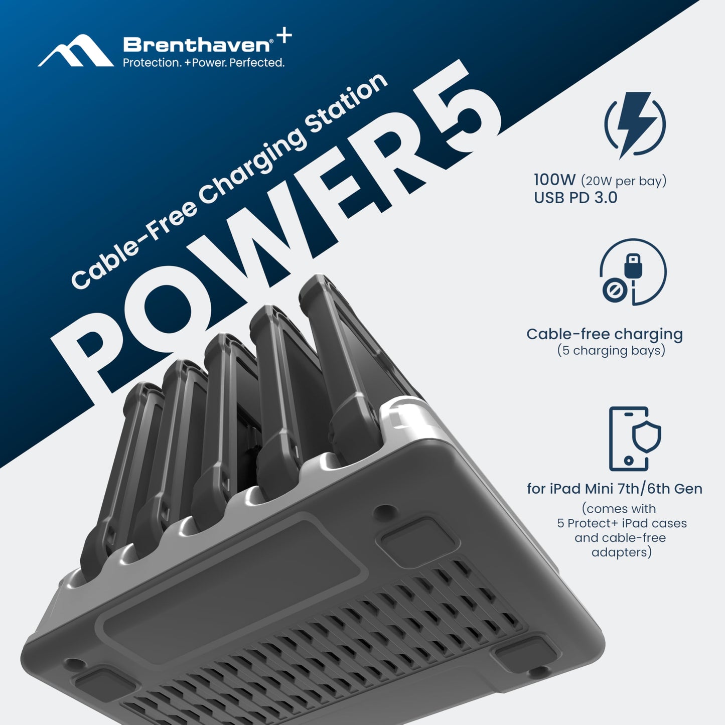 Brenthaven Power5 Cable-Free Charging Station Kit for iPad mini 7th | 6th Gen Includes 5 Protect+ iPad Cases & Cable-Free Adapters, 100W Fast Charger