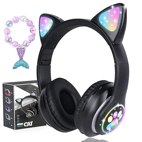 kuyaon Wireless Kids Headphones for Boys Girls, Cat Ear LED Light Up Bluetooth Headphones with Microphone…