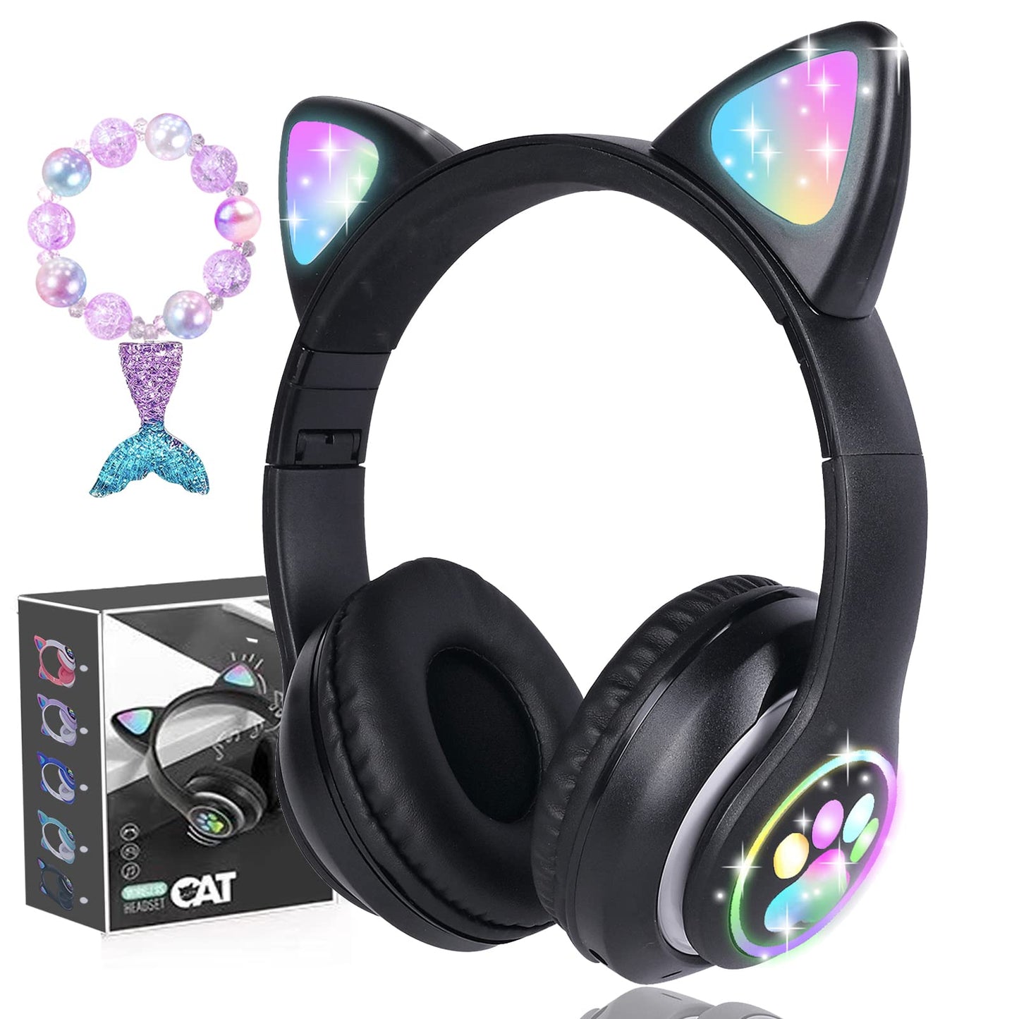 kuyaon Wireless Kids Headphones for Boys Girls, Cat Ear LED Light Up Bluetooth Headphones with Microphone…