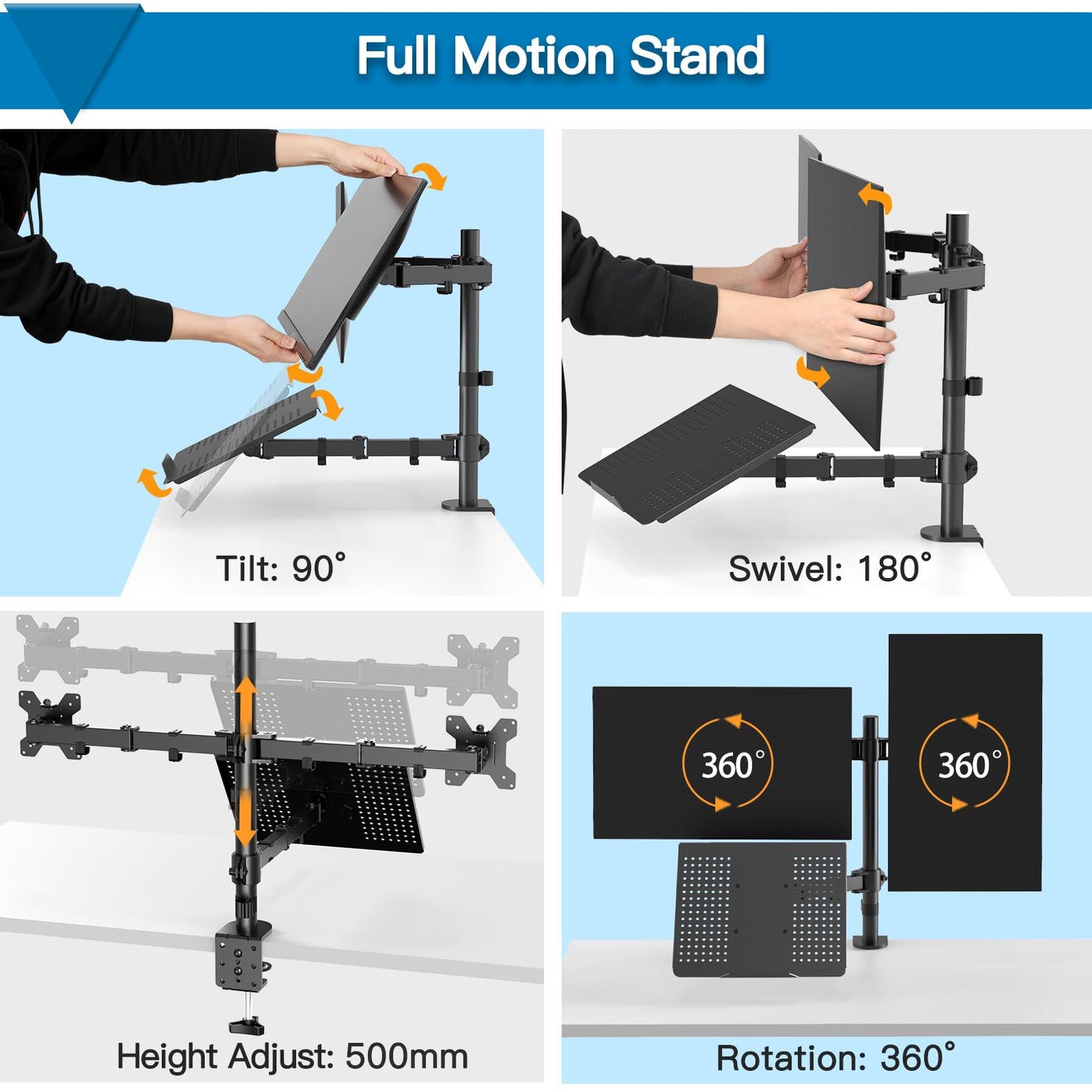 HUANUO Laptop Mount, Height Adjustable Dual Monitor Mount with Laptop Keyboard Tray Fit Two 13 to 27 Inch Flat Curved Computer Screens and 10 to 17