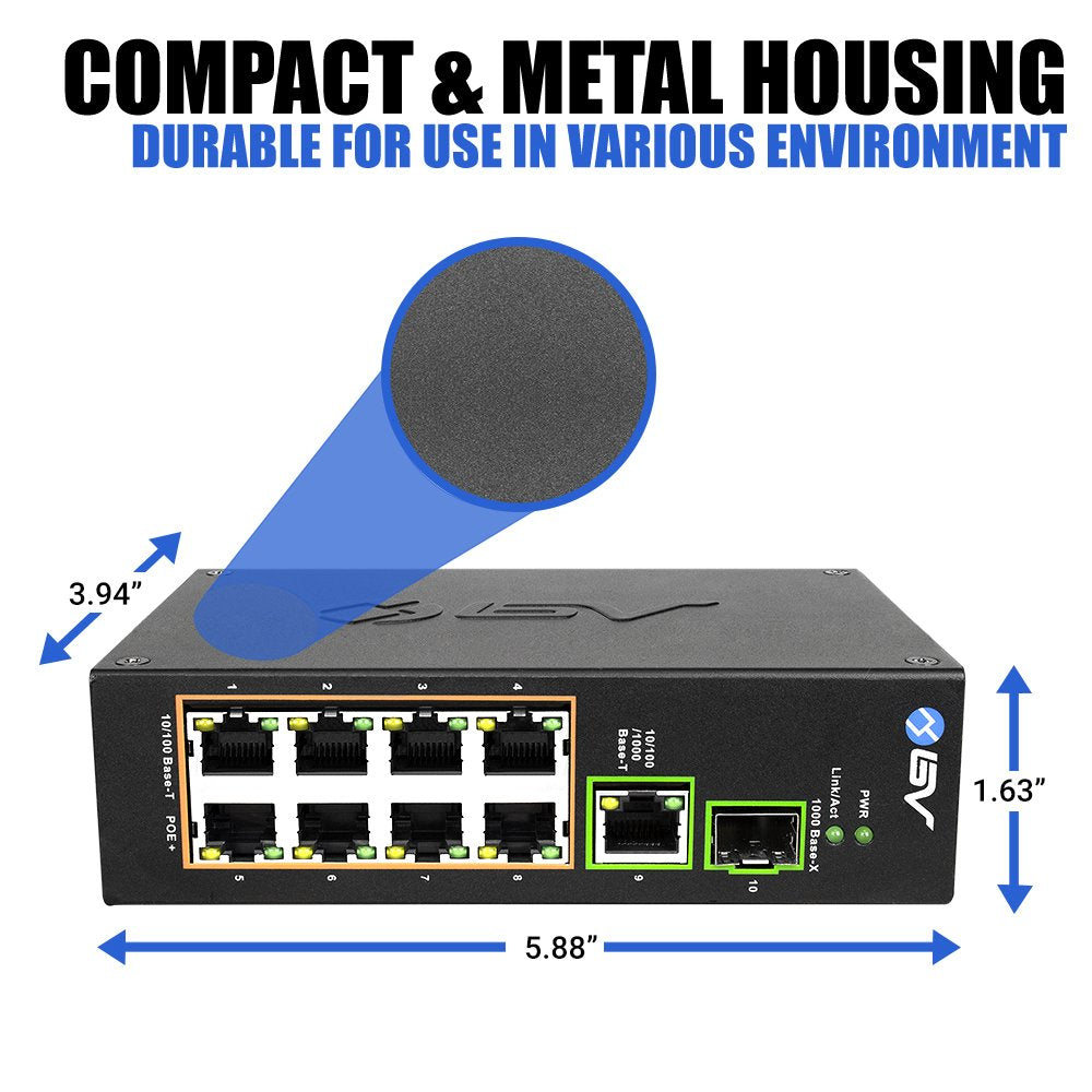 BV-Tech 8 Port PoE Switch with 1 Gigabit Uplink and Industrial DIN Rail - Power Over Ethernet Network Switch for IP Cameras, VoIP Phones, Wireless APs