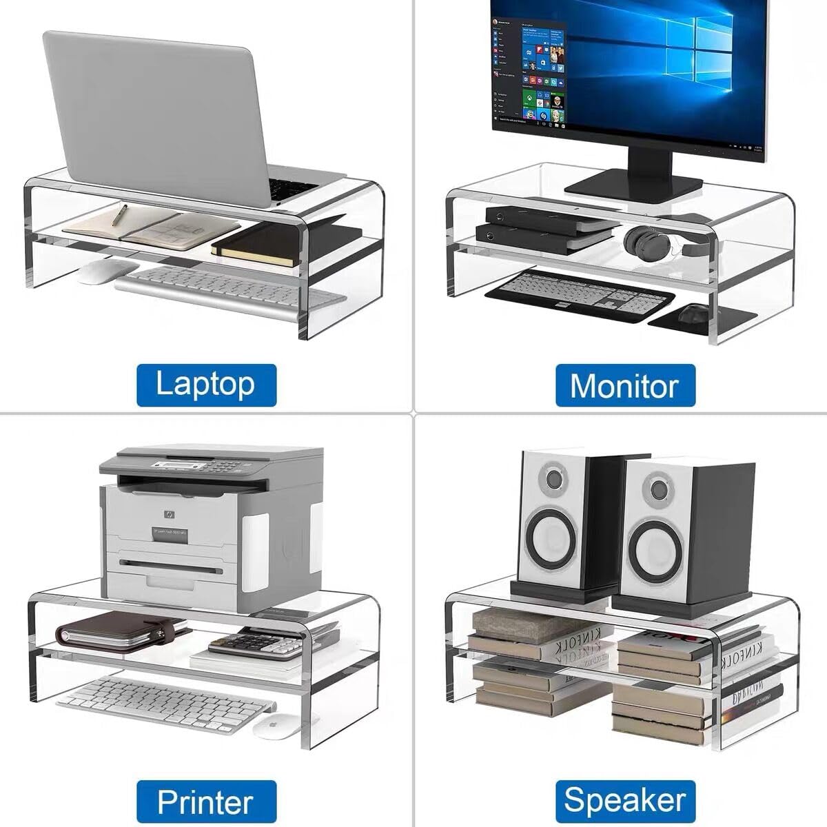 GETCK Clear Acrylic 2-Tier Monitor Stand & Desk Organizer - 16"x9.4"x5.5 H Home Office Riser with Keyboard Storage, Fits PC, Laptop, iMac, Printer, TV