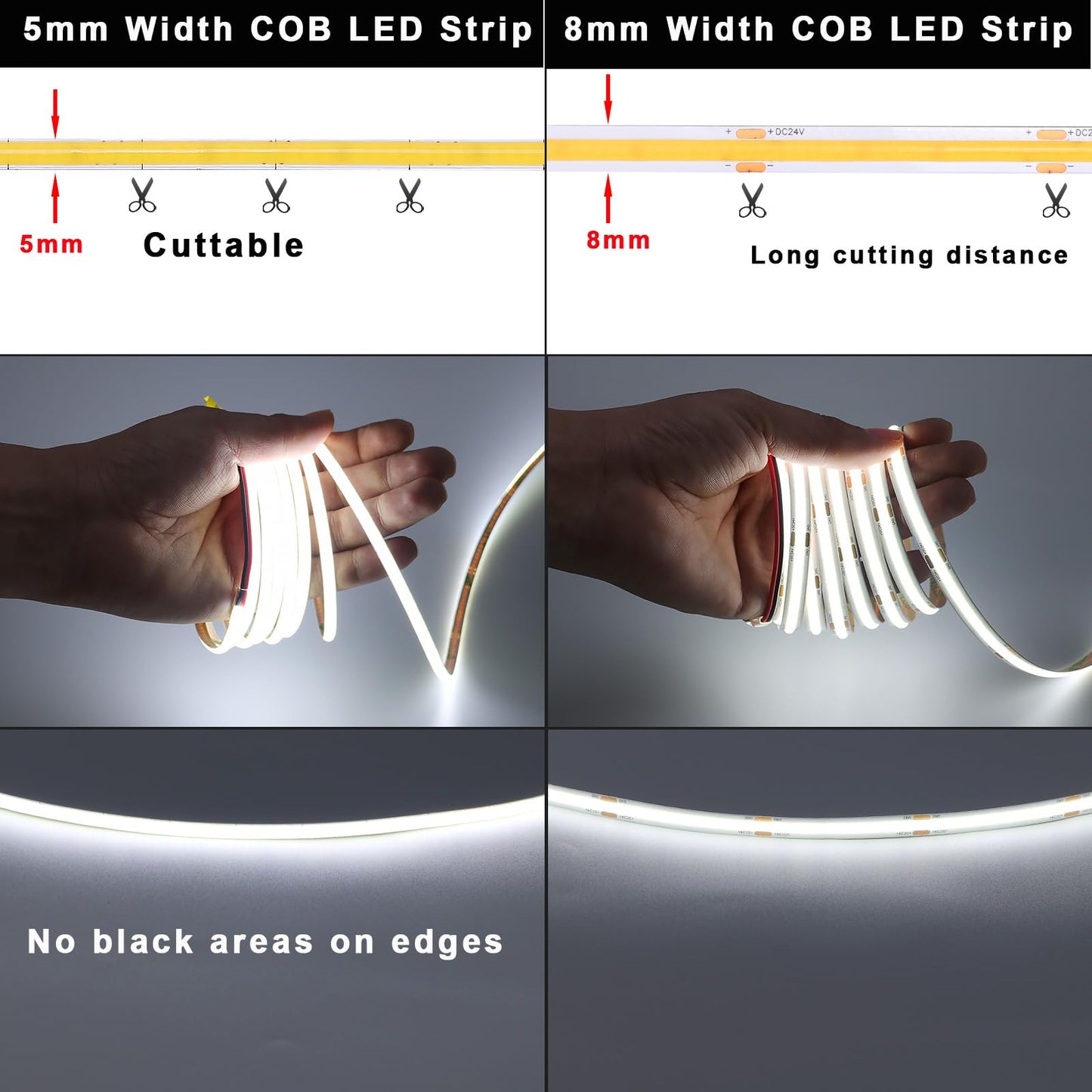 TOPAI 24V Thin 5mm COB LED Strip Light 6000K Bright White 16.4ft 4000Lm CRI>90 Uniform Dotless 400LEDs/M Adhesive Flexible Cuttable LED Tape for DIY