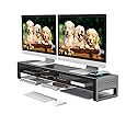 2 Tiers Dual Monitor Stand with Auto Charging Pad, 4 USB 3.0 Hub Ports, Double Monitor Riser, Metal Desk Stand with Storage, Long Screen Raiser for 2