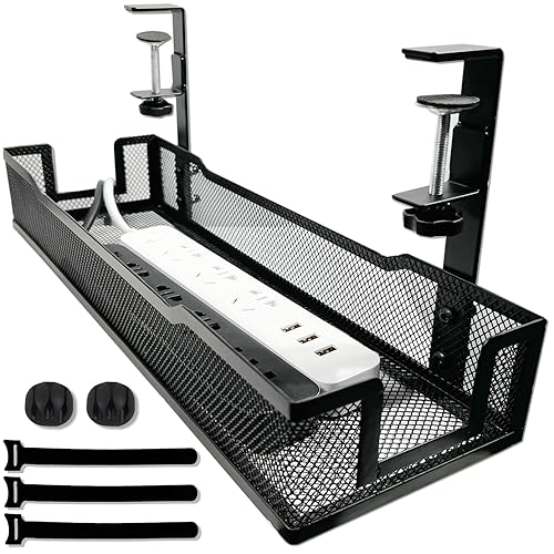 No Drill Under Desk Cable Management Tray with clamp-Premium Wire Tray Cord Organizer - Thin Steel Cable Tray Basket with Charger Holder for