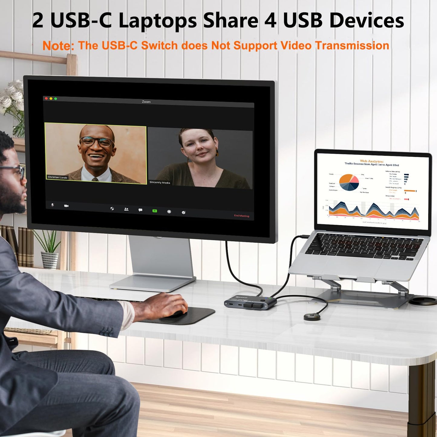 10Gbps USB C Switch 2 Laptops 2 in 4 Out USB 3.2 Switcher 2 Computers Share Keyboard Mouse, Printer, Camera, Headphone, 10Gbps Data Power Cable &