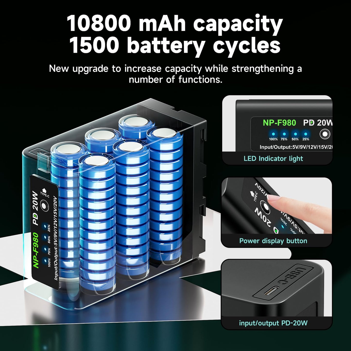 10800mAh NP-F970 NP-F980 Battery Replacement with PD 20W Fast Charging Type C USB Fast Charging Cable for Sony Handycam Video Light Monitor