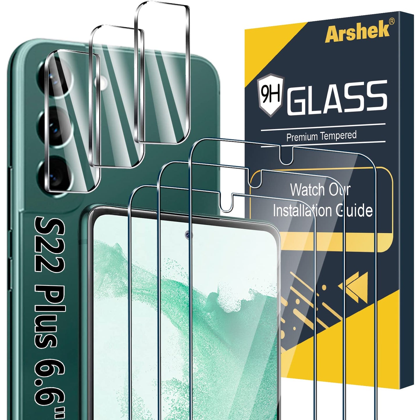 Arshek [3+3 Pack] Glass Screen Protector for Samsung Galaxy S22 Plus 5G, 9H Tempered Glass, Ultrasonic Fingerprint Compatible,HD Clear Case Friendly
