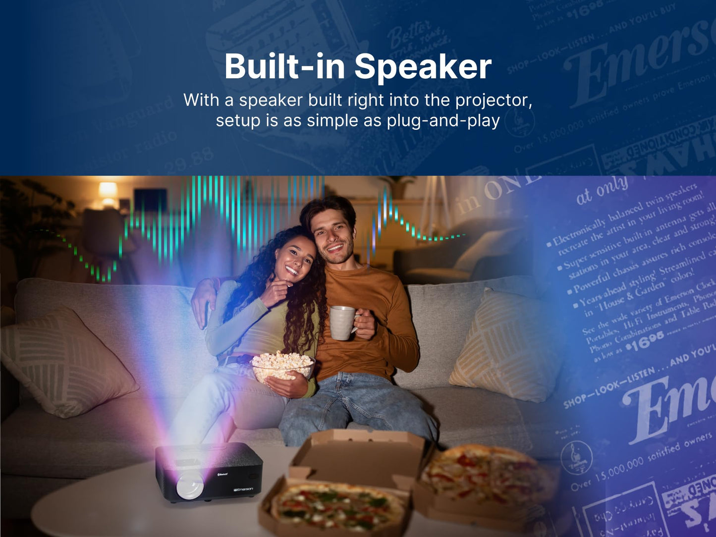 Emerson EVP-2001C 150" Portable Projector with 100" Portable Screen, Bluetooth, HDMI & USB Inputs, Dual Speakers, and Carrying Case - Ideal for Movie