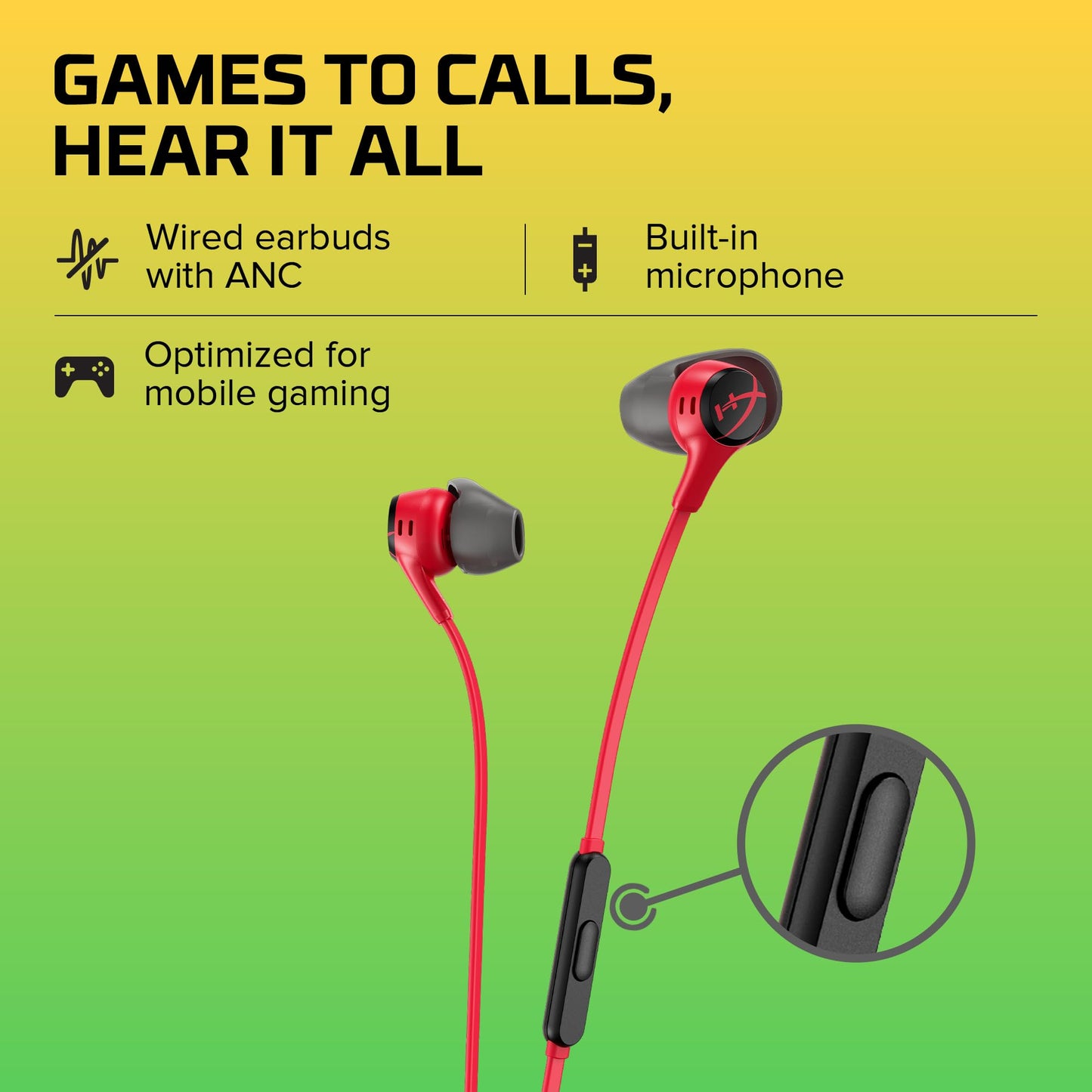 HyperX Cloud Earbuds II 14mm Drivers, Four Eartips, Hard-Shell Carrying Case, Low-Profile 90° Plug, 3.5mm Plug, Built-in Microphone, Multi-Function
