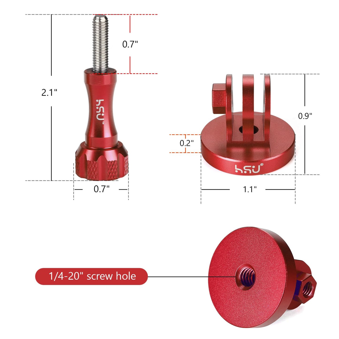 HSU Aluminum Tripod Mount Adapter for GoPro, Hero 12/11/10/9/8/7/6/5/4/3 Action Camera Monopod Mount with Thumbscrew (Red)