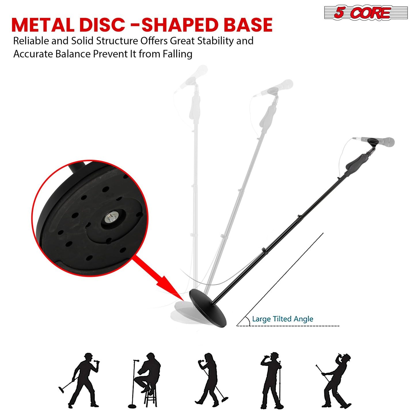 5 Core Microphone Stand Universal Floor Height Adjustable 35 to 57" Round Base Quick Setting Lock-Tight Knob w 5/8 Thread Adapter 2 Mic Holder 3 Wire
