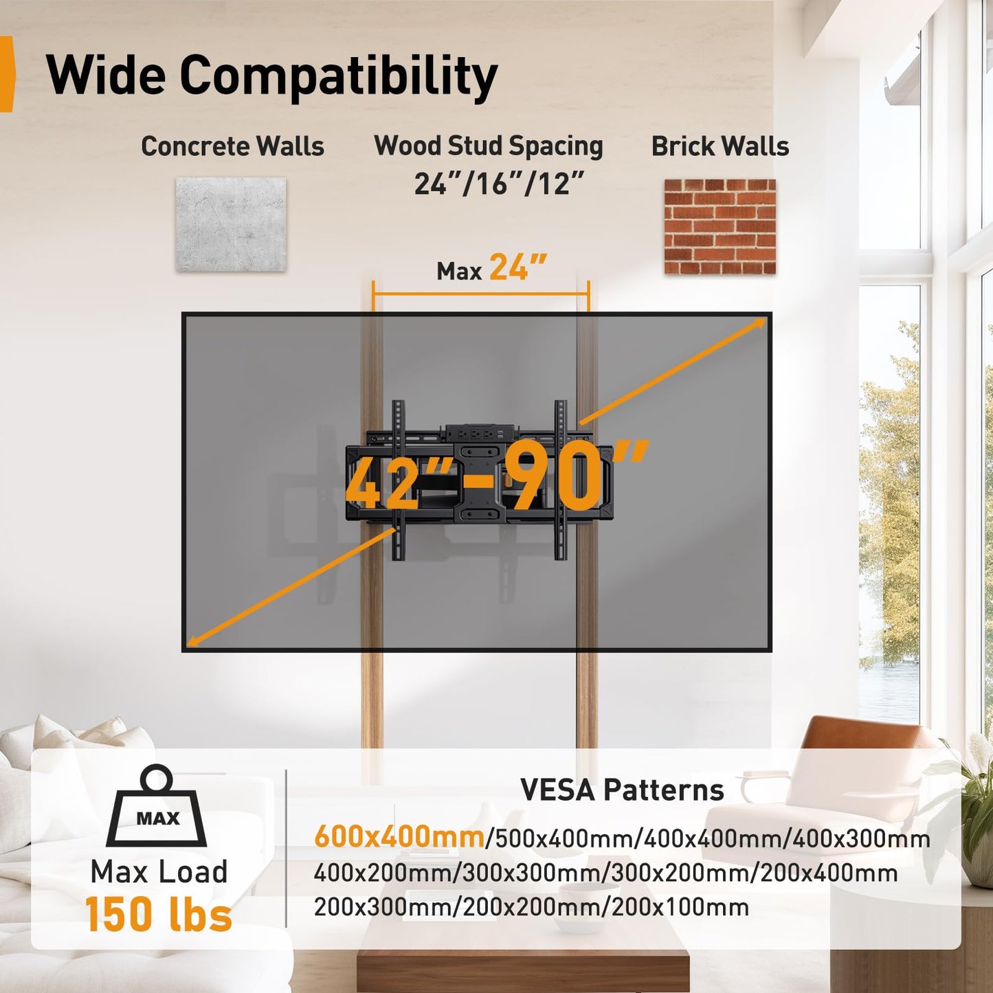 Perlegear Full Motion TV Wall Mount with Power Strip for 42-90 Inch TVs up to 150 lbs, Pre-Assembled TV Mount Has Smooth Swivel, Tilt, Extension, Max