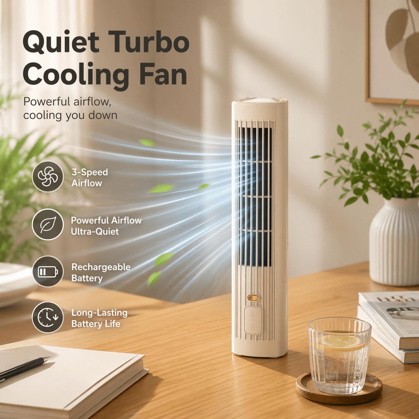 ZUSEOIA Portable Tower Fan, Quiet Bladeless Desk Fan with 3 Speeds, Rechargeable Mini Cooling Fan for Bedroom, Office & Travel, Vertical & Horizontal