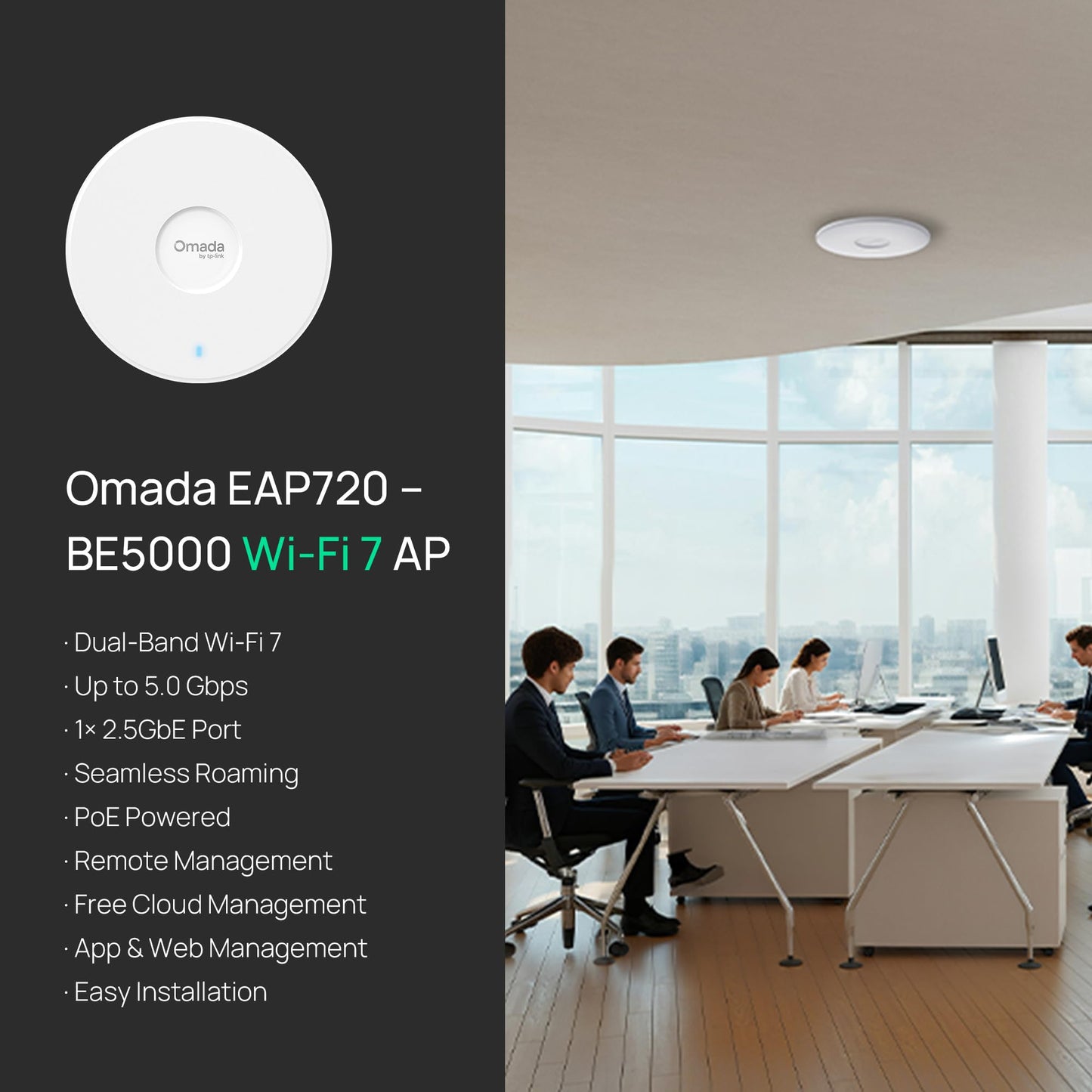 TP-Link Omada WiFi 7 Wireless Access Point - BE5000 Dual Band, 2.5G Port, PoE+ or DC Powered, DC Adapter Included, 5yr Warranty, Captive Portal, Mesh