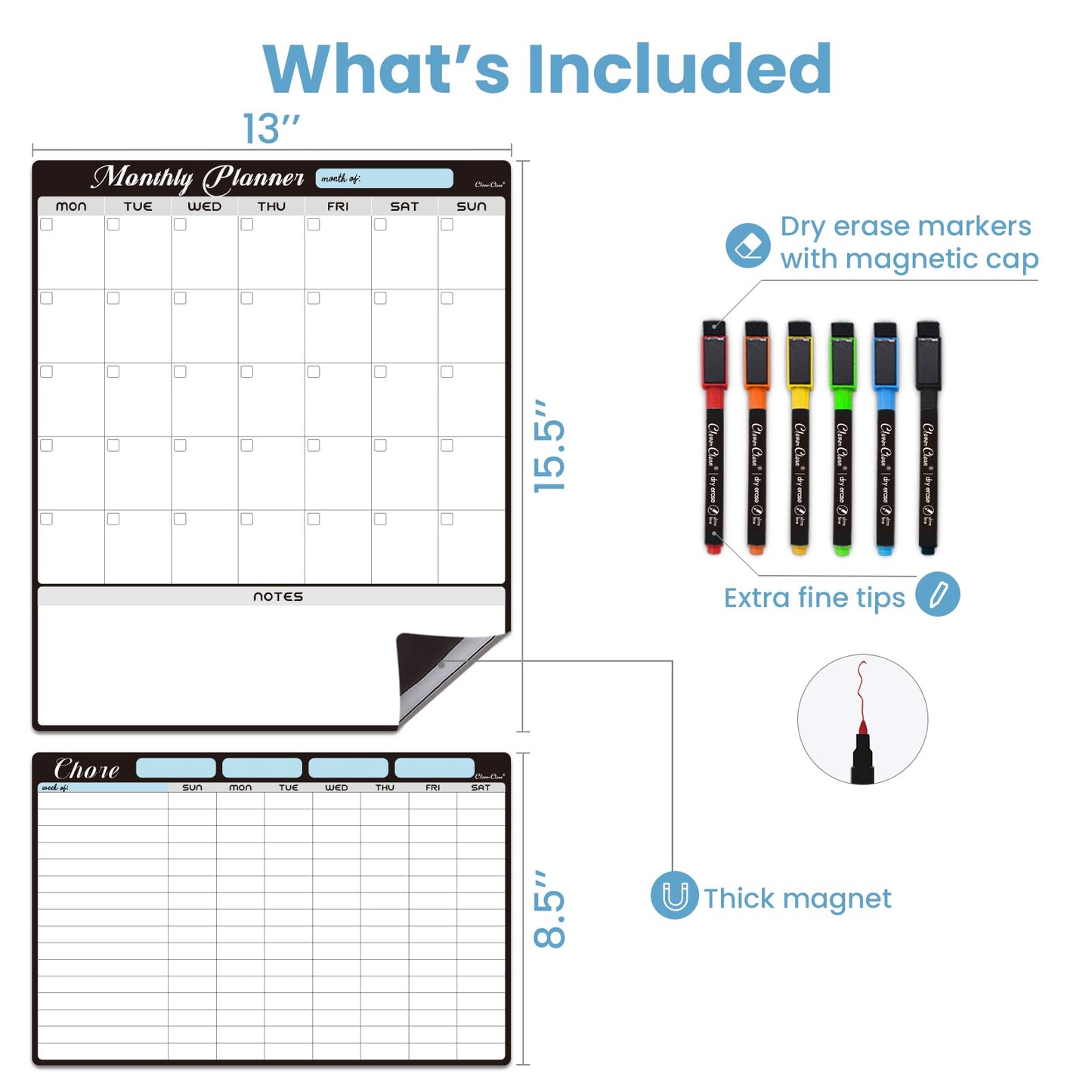 Magnetic Dry Erase Monthly Calendar Set - 15.5"x13" Monthly Calendar and 8.5"x13" Chore Board for Fridge - 6 Extra Fine Point Markers Included